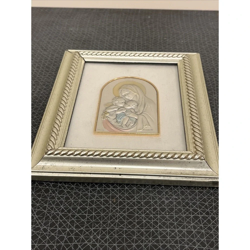 Italian Madonna & Child Icon .925 Sterling Silver Art w/ Painted Gold Frame‎ EUC